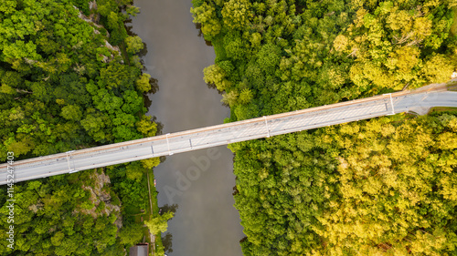 The Bechyně bridge called the Rainbow. Drone view from the town of Bechyně of the dominant structure of the bridge and the river Lužnice