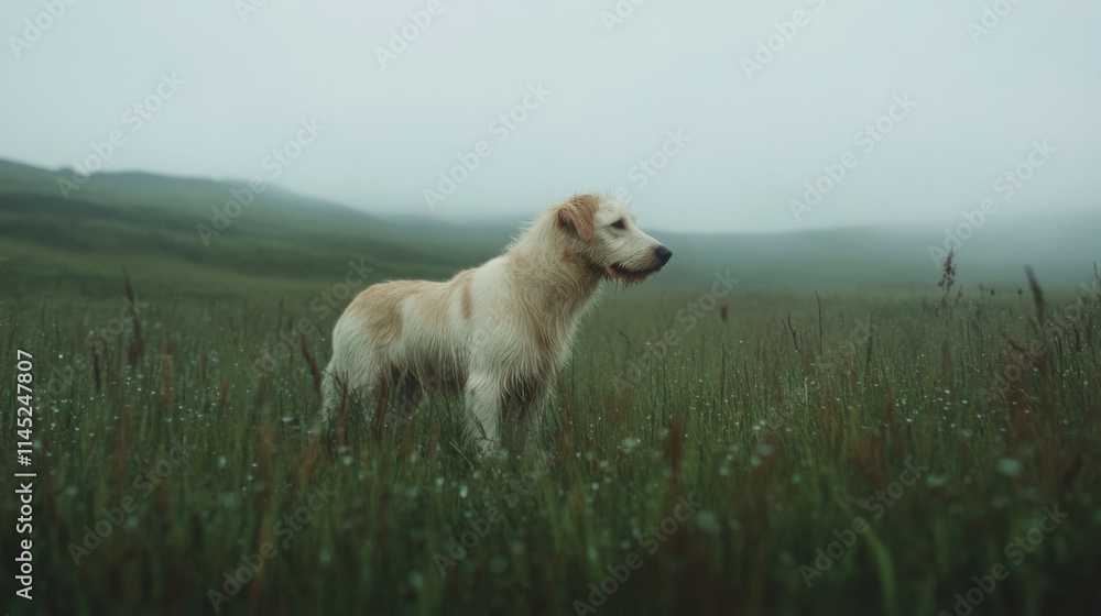 Under a soft blanket of mist, an alert Irish wolfhound stands gracefully in a vibrant meadow, its fur shimmering as it attentively surveys its surroundings, embracing the tranquility of nature Under a soft blanket of mist, an alert Irish wolfhound stands gracefully in a vibrant meadow, its fur shimmering as it attentively surveys its surroundings, embracing the tranquility of nature