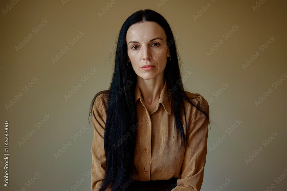 Half-length portrait of a Caucasian European woman with long black hair in her 50s looking into camera and wearing a dark beige blouse in casual style, standing against a solid light brown background, Half-length portrait of a Caucasian European woman with long black hair in her 50s looking into camera and wearing a dark beige blouse in casual style, standing against a solid light brown background,