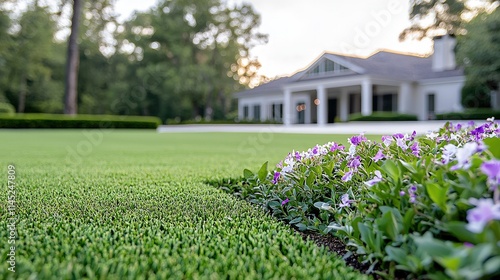 Wallpaper Mural Lush green lawn with purple flowers and a large house in the background. Torontodigital.ca