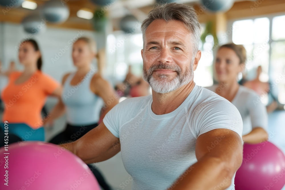 A content middle-aged man participates in a group exercise class, surrounded by people, demonstrating dedication and community in a bustling gym environment. A content middle-aged man participates in a group exercise class, surrounded by people, demonstrating dedication and community in a bustling gym environment.