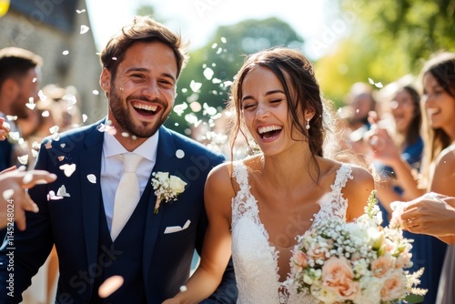 The joyful bride and groom beam happiness as they exit the church, showered with confetti by family and friends on a bright, sunny day, celebrating their union.