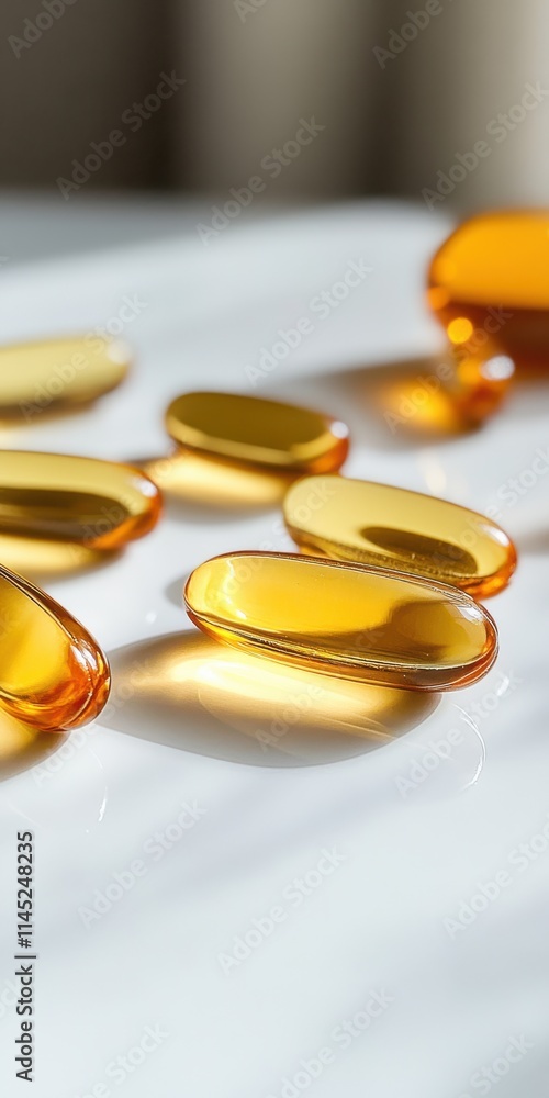 Golden gel capsules capture sunlight on a glossy surface, emphasizing beauty and significance of supplements in modern health and wellness routines. Golden gel capsules capture sunlight on a glossy surface, emphasizing beauty and significance of supplements in modern health and wellness routines.