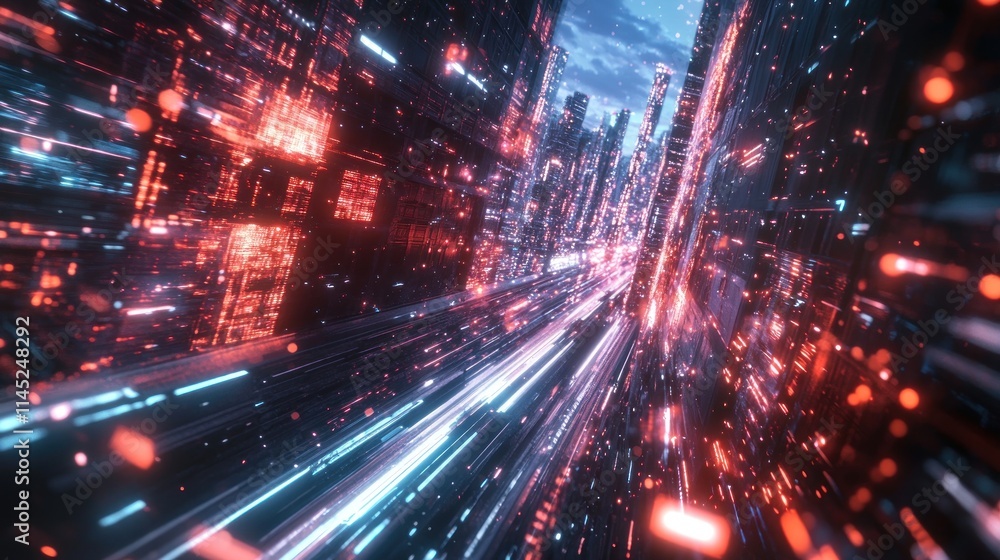 A futuristic cityscape with vibrant lights and dynamic motion effects. A futuristic cityscape with vibrant lights and dynamic motion effects.