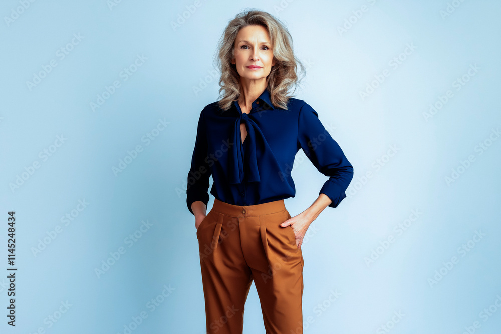 Half-length portrait of a woman in her 50s looking into the camera and wearing a casual blouse and trousers, standing against a solid-colored background Half-length portrait of a woman in her 50s looking into the camera and wearing a casual blouse and trousers, standing against a solid-colored background