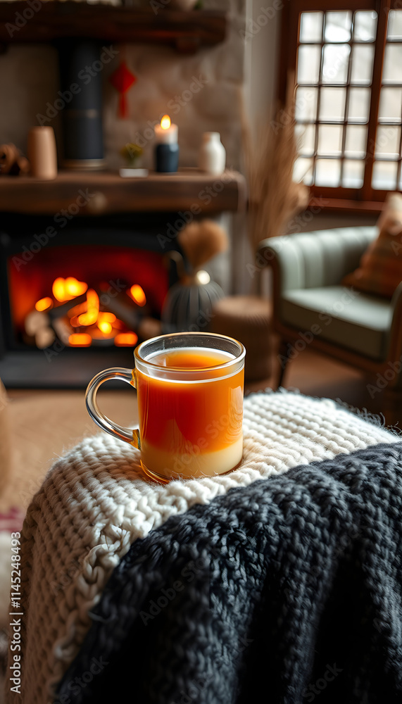 Mug with hot tea standing on a chair with woolen blanket in a cozy living room with fireplace, asian style. isolated with white highlights Mug with hot tea standing on a chair with woolen blanket in a cozy living room with fireplace, asian style. isolated with white highlights
