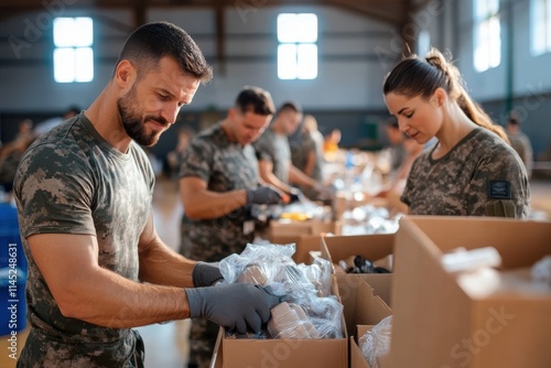 A focused collective of volunteers in coordinated efforts, wearing tactical outfits, diligently organizing aid packages in a large indoor facility with clear focus and intent. photo