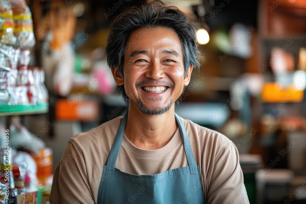 A friendly market vendor with salt-and-pepper hair and a gentle smile is wearing an apron, surrounded by a bustling, colorful market scene with diverse goods. A friendly market vendor with salt-and-pepper hair and a gentle smile is wearing an apron, surrounded by a bustling, colorful market scene with diverse goods.