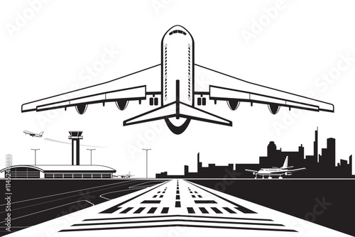 Passenger plane landing on runway at  city airport – vector illustration