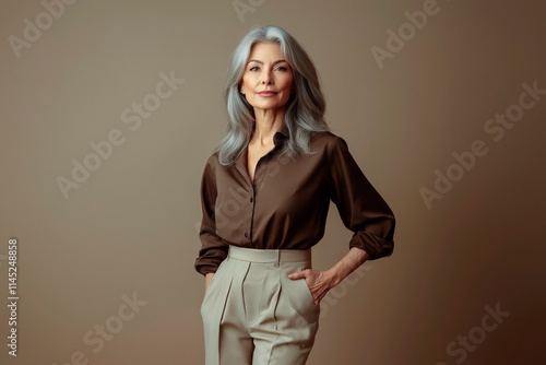 Full length portrait of a woman in her 50s looking into the camera wearing a brown blouse and beige trousers in a casual style, standing against a solid light Pantone Mocha Mousse background.