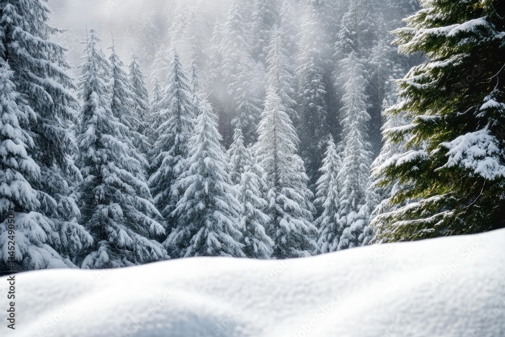A pristine winter landscape featuring a dense forest of evergreen trees dusted with a fresh layer of snow, evoking a serene and tranquil atmosphere. A pristine winter landscape featuring a dense forest of evergreen trees dusted with a fresh layer of snow, evoking a serene and tranquil atmosphere.