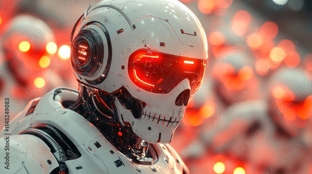 A futuristic robotic figure with glowing red eyes, surrounded by similar robots. A futuristic robotic figure with glowing red eyes, surrounded by similar robots.