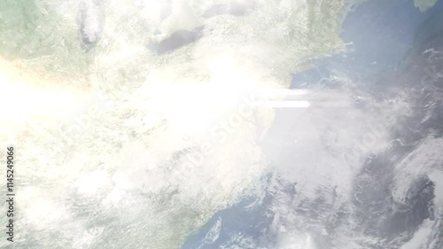 Earth zoom in from space and focus on Charlottesville, Virginia, USA. Background for travel intro or blog. Satellite view. 3D style Animation. Images from NASA.