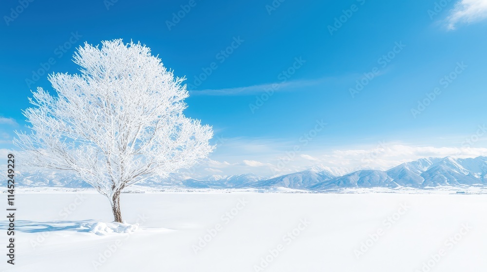 Frosty tree in snowy field, mountains background. Frosty tree in snowy field, mountains background.