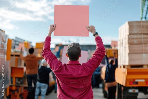 A rear view of a protester wearing a cap and pink shirt, raising a blank poster with others in the background, captures a vibrant scene of civic engagement. photo