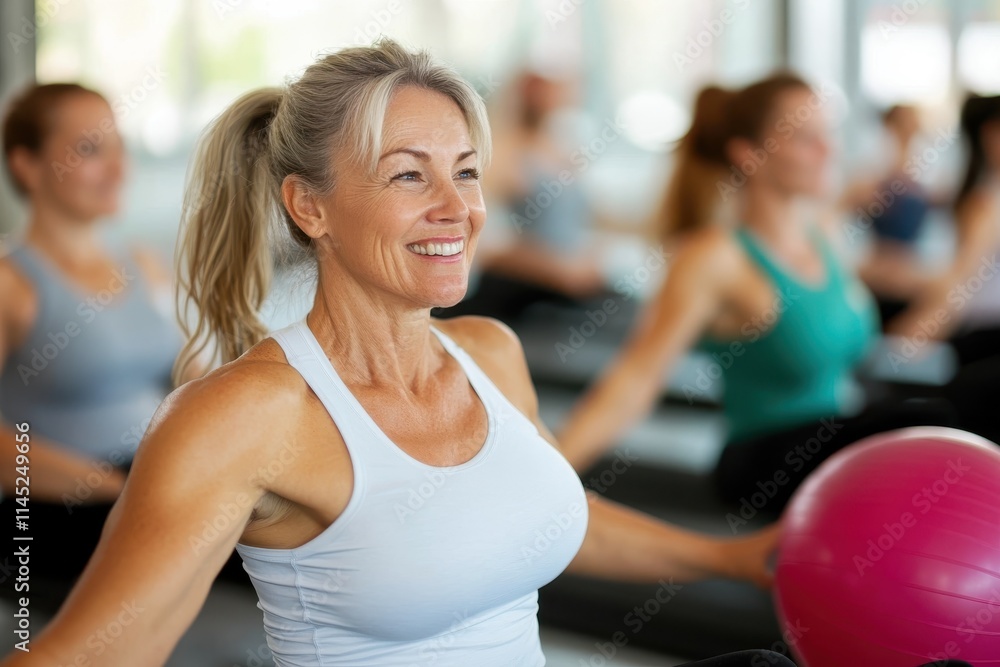An energetic middle-aged woman enjoying a group fitness class, participating actively with a positive attitude and infectious energy in a vibrant gym setting. An energetic middle-aged woman enjoying a group fitness class, participating actively with a positive attitude and infectious energy in a vibrant gym setting.