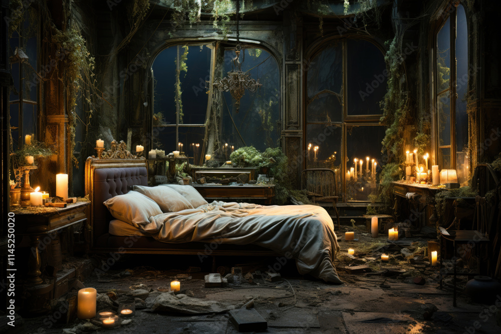 well preserved, stately bed with linens in an abandoned well preserved, stately bed with linens in an abandoned