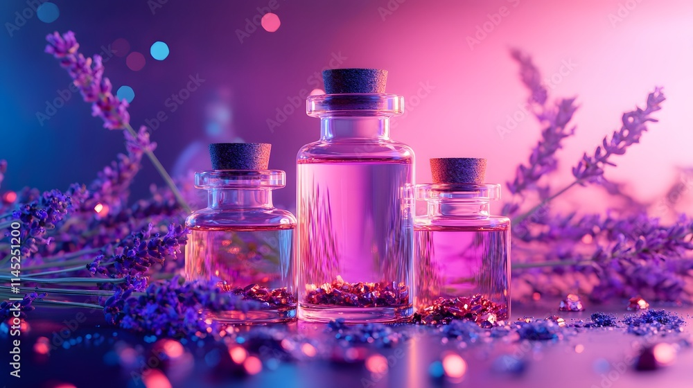 A futuristic arrangement of sleek glass bottles containing oil copper flakes and lavender with a neon pink glow in the background. A futuristic arrangement of sleek glass bottles containing oil copper flakes and lavender with a neon pink glow in the background.