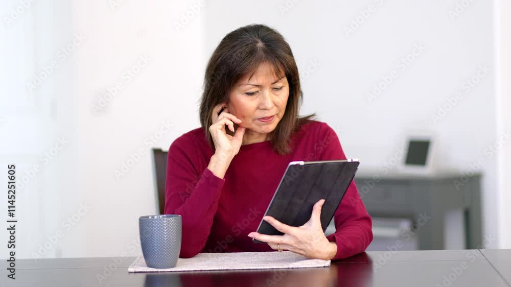 Woman reading mobile tablet sitting at home table with coffee cup Woman reading mobile tablet sitting at home table with coffee cup