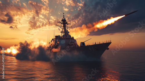 Modern warship launches missile into the horizon during sunset over the ocean in a display of military power photo