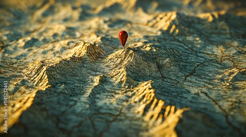 A pin marking a mountain range on a topographic map with shadows highlighting the terrain. photo