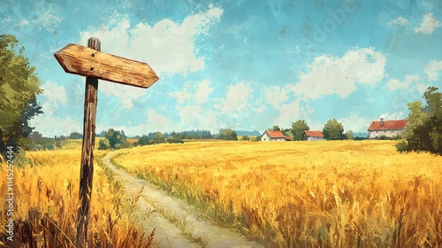 A hand-painted wooden trail post with rustic arrow signs leading to farms and cottages surrounded by golden fields. photo