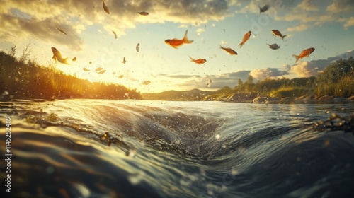 Peces saltando en el agua al atardecer photo