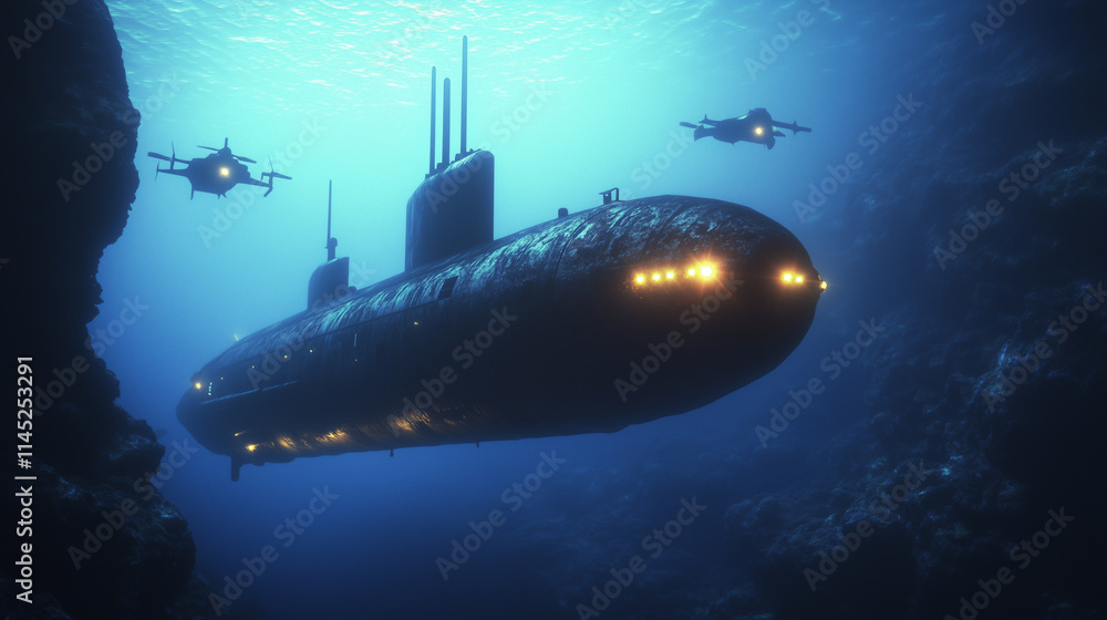 Underwater battlefield showcases high-tech submarines and drones engaging in strategic maneuvers amidst deep ocean depths Underwater battlefield showcases high-tech submarines and drones engaging in strategic maneuvers amidst deep ocean depths