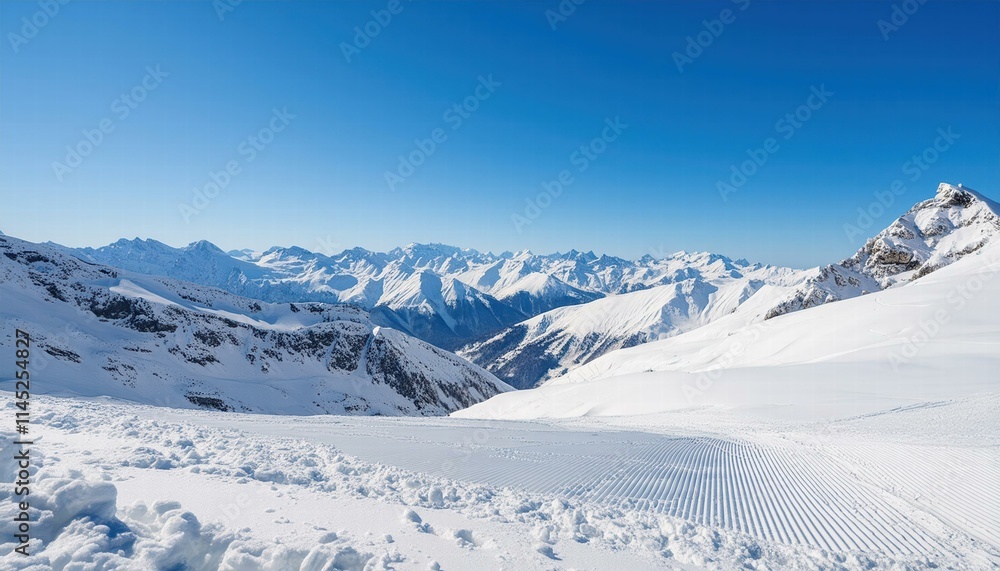 Breathtaking Wide Angle View of Majestic Snowy Mountain Range Under a Clear Blue Sky Captured During a Crisp Winter Day, Showcasing Natures Splendor and Tranquility in a Winter Wonderland Breathtaking Wide Angle View of Majestic Snowy Mountain Range Under a Clear Blue Sky Captured During a Crisp Winter Day, Showcasing Natures Splendor and Tranquility in a Winter Wonderland