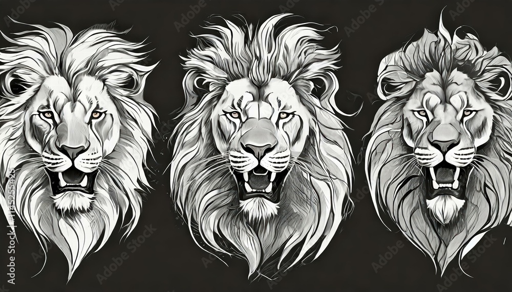 Majestic Wild Roaring Lion King Head Tattoo Set Front and Side Views of a Fierce Predators Face in Black Ink Perfect for Animal Lovers and Tattoo Enthusiasts Majestic Wild Roaring Lion King Head Tattoo Set Front and Side Views of a Fierce Predators Face in Black Ink Perfect for Animal Lovers and Tattoo Enthusiasts
