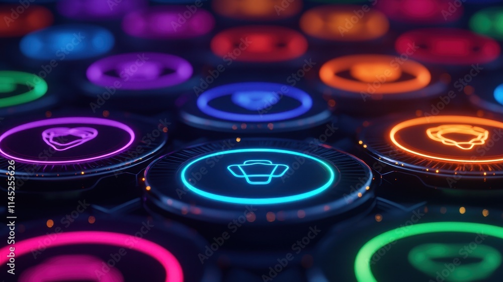 Colorful Neon Icons in Circular Buttons with Glowing Effects Colorful Neon Icons in Circular Buttons with Glowing Effects