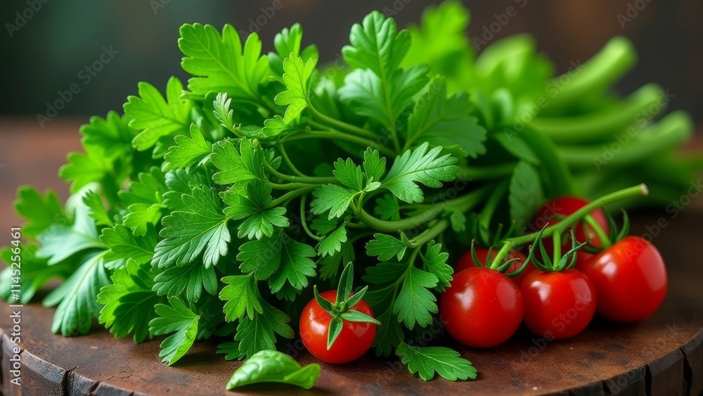 Vibrant green parsley and red cherry tomatoes sit beautifully on a wooden board, evoking a sense of freshness in a kitchen Vibrant green parsley and red cherry tomatoes sit beautifully on a wooden board, evoking a sense of freshness in a kitchen