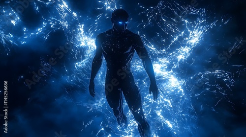 A sculpted male figure in a black diving suit surrounded by deep blue shadows his form outlined by the faint glow of nearby bioluminescent organisms. photo