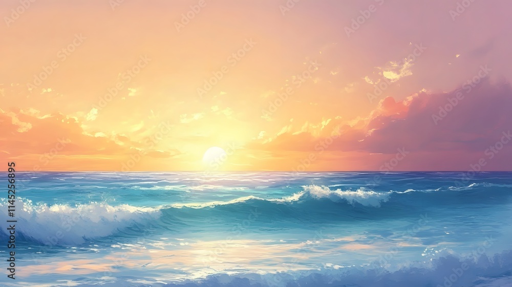 A serene ocean scene painted with soft brushstrokes capturing the gentle waves under a golden sunset. A serene ocean scene painted with soft brushstrokes capturing the gentle waves under a golden sunset.