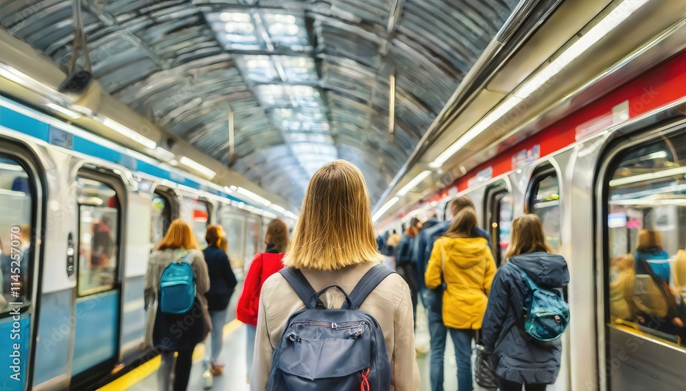A Woman Standing at a Busy Subway Station, Surrounded by Blurry Passengers, Capturing the Essence of Urban Life and Public Transport Dynamics in a Bustling City Environment A Woman Standing at a Busy Subway Station, Surrounded by Blurry Passengers, Capturing the Essence of Urban Life and Public Transport Dynamics in a Bustling City Environment