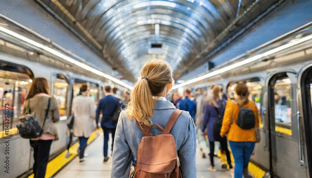 A Woman Standing at a Busy Subway Station, Observing the Hustle and Bustle of Commuters in Motion, Capturing the Essence of Urban Life and Public Transportation Dynamics A Woman Standing at a Busy Subway Station, Observing the Hustle and Bustle of Commuters in Motion, Capturing the Essence of Urban Life and Public Transportation Dynamics