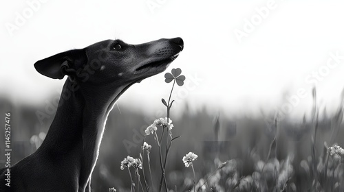 A sleek greyhound holding a delicate four-leaf clover sniffing intently as a light breeze ruffles its fur in an open field. photo