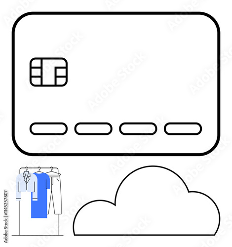 Credit card above the cloud outline and clothing on hangers indicating online shopping and digital transactions. Ideal for finance, e-commerce, cloud computing, fashion retail, technology