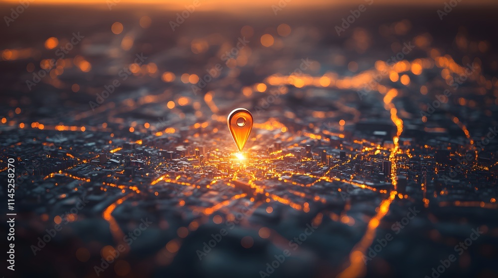 A sparkling pin centered on a modern city map glowing with reflections of ambient light. A sparkling pin centered on a modern city map glowing with reflections of ambient light.