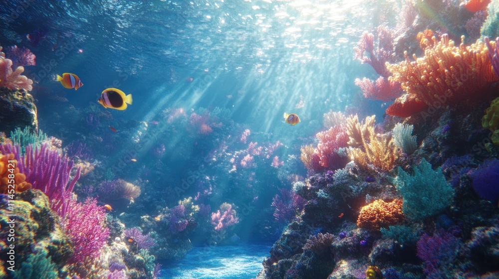 Naklejka premium Vibrant underwater scene with colorful coral reefs and tropical fish.