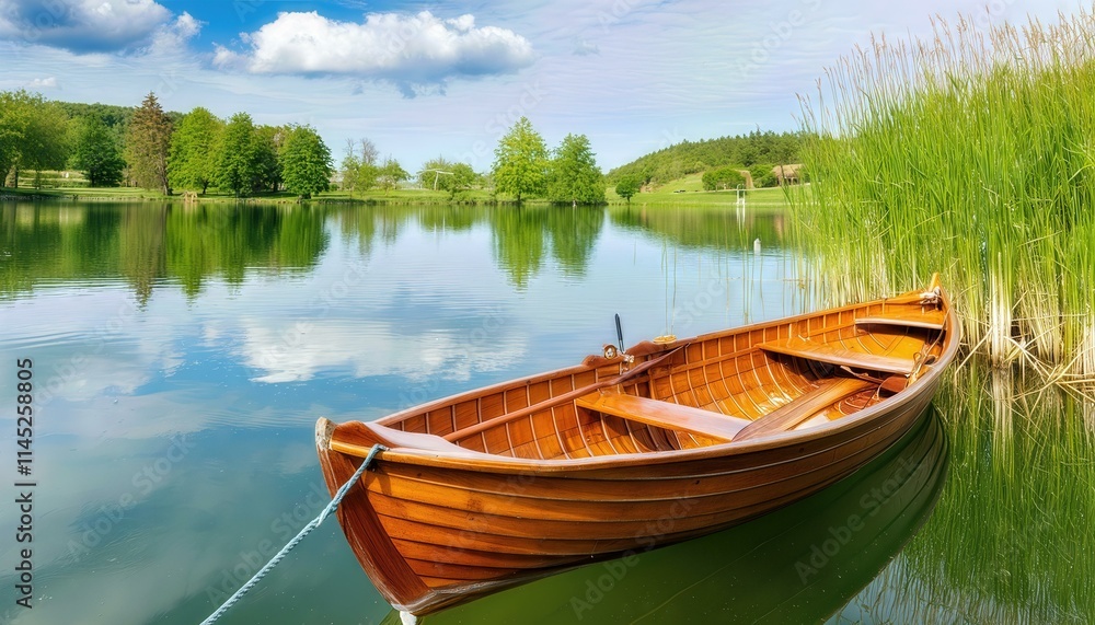Serene Wooden Rowing Boat on a Tranquil Lake A Perfect Escape into Natures Embrace, Capturing the Beauty of Still Waters and Timeless Craftsmanship in a Picturesque Setting Serene Wooden Rowing Boat on a Tranquil Lake A Perfect Escape into Natures Embrace, Capturing the Beauty of Still Waters and Timeless Craftsmanship in a Picturesque Setting