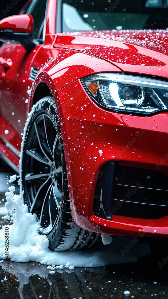 Naklejka premium modern stylish red car in foam on a car wash on dark black background with copy space. car care banner with place for text minimalism. no people. self-service car wash. vertical photo.