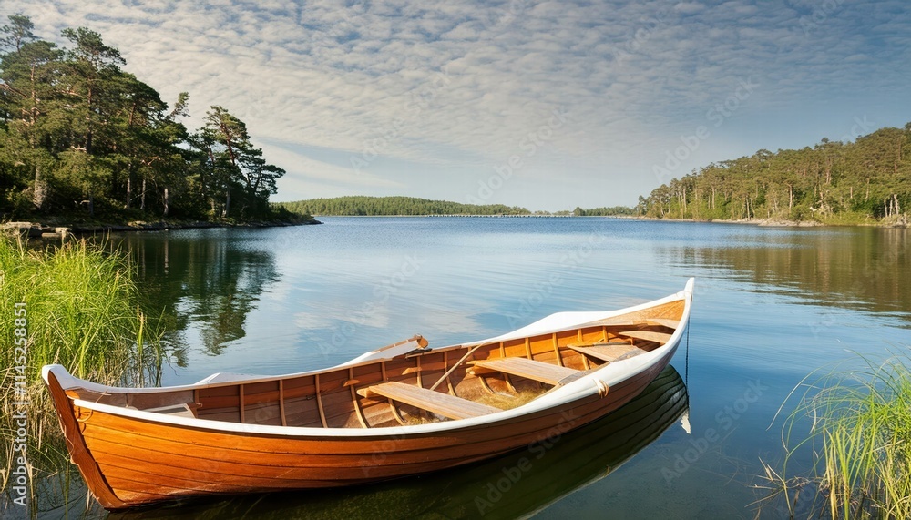 Serene Wooden Rowing Boat on a Calm Lake at Dusk A Tranquil Scene Capturing the Beauty of Nature and Leisurely Moments by the Waters Edge Serene Wooden Rowing Boat on a Calm Lake at Dusk A Tranquil Scene Capturing the Beauty of Nature and Leisurely Moments by the Waters Edge
