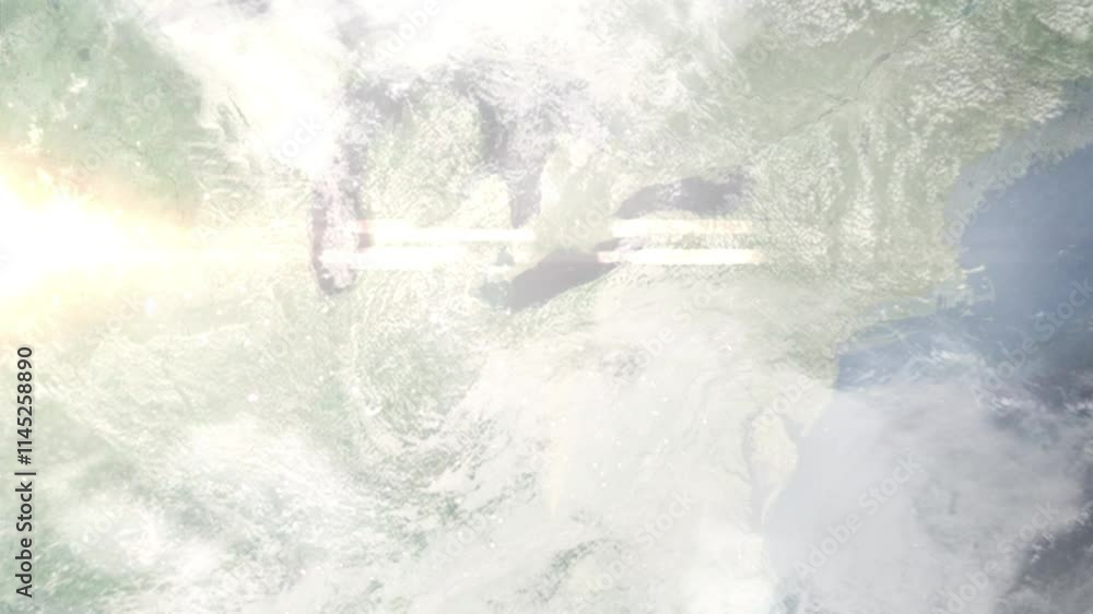 Earth zoom in from space and focus on Cleveland Heights, Ohio, USA. Background for travel intro or blog. Satellite view. 3D style Animation. Images from NASA.