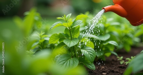 A gardener waters vibrant green plants with a bright watering can in a flourishing garden under sunny skies photo