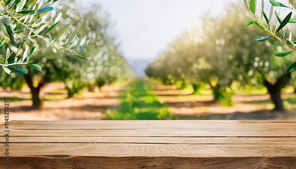 Elegant Wooden Table Display with Bokeh Background of a Natural Olive Field Perfect for Rustic Decor and Outdoor Gatherings, Enhancing Your Homes Aesthetic Appeal Elegant Wooden Table Display with Bokeh Background of a Natural Olive Field Perfect for Rustic Decor and Outdoor Gatherings, Enhancing Your Homes Aesthetic Appeal