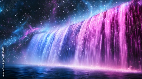 A surreal painting of a cosmic waterfall pouring stars and galaxies onto a dreamlike landscape with bold strokes of light and color.