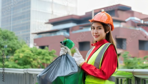 Dedicated Worker Collecting Garbage in Urban Municipal Area for Efficient Trash Removal and Environmental Cleanliness Efforts in City Streets and Public Spaces. photo