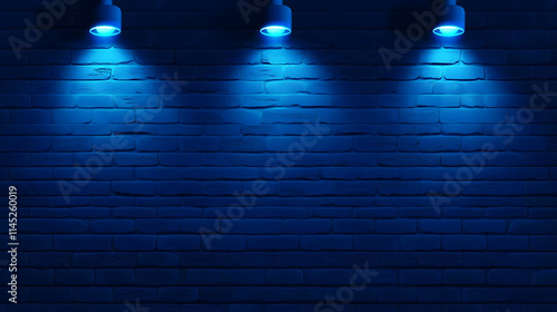 Blue Neon Lights on a Modern Brick Wall Background photo