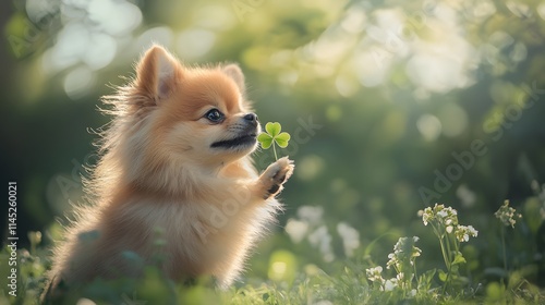 A tiny Pomeranian holding a four-leaf clover sniffing curiously under the dappled shade of a tall oak tree. photo